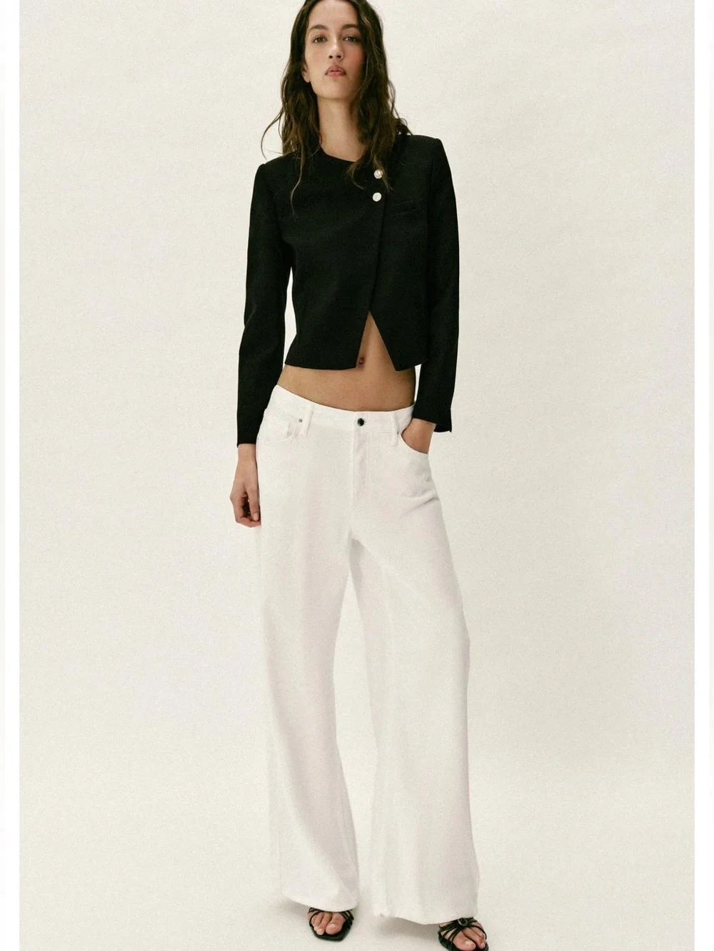 Zara Classic Black Cropped Jacket with Pearl Buttons